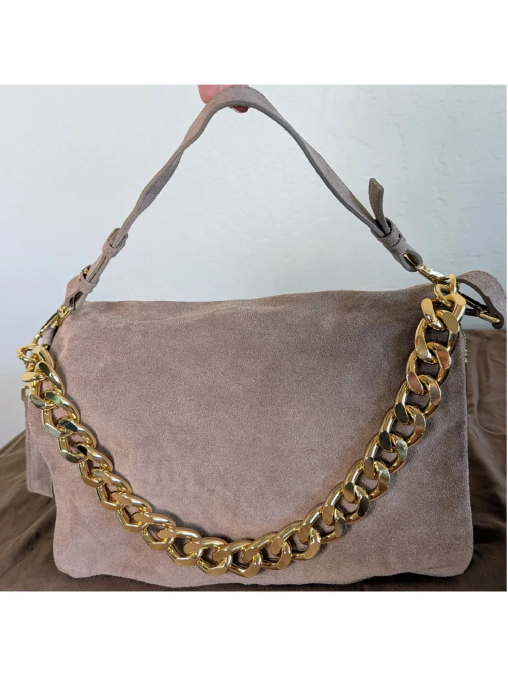 Viola Castellani Italian Suede Leather Chain Bag Taupe Slouchy Crossbody Purse